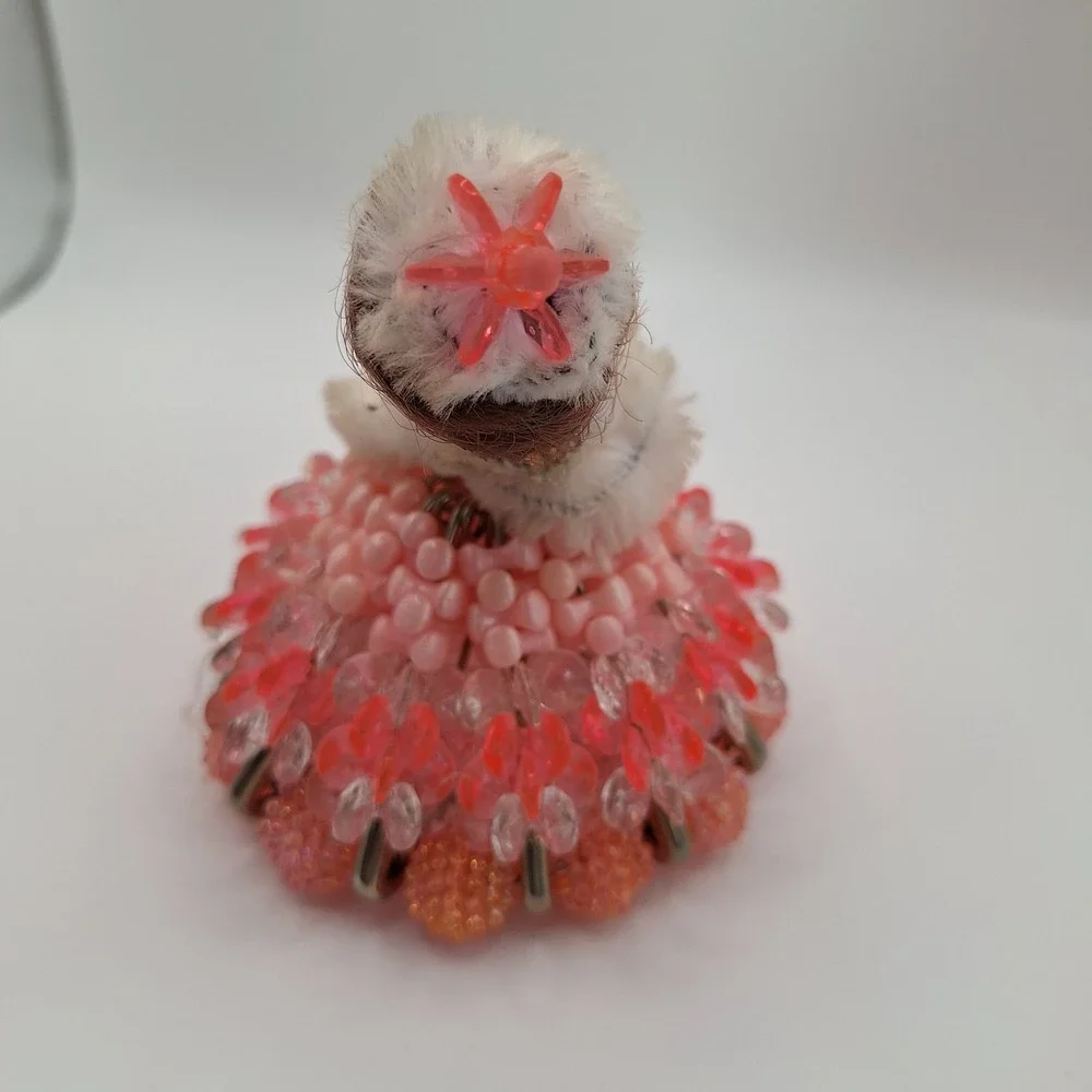 Safety Pin & Bead Handmade Doll Girl Figure Pink Dress Poof‎ Shawl Brunette Updo